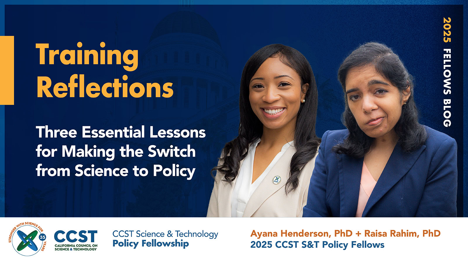 Blog graphic with title on training reflections, CCST logo, and headshots of Ayana and Raisa.