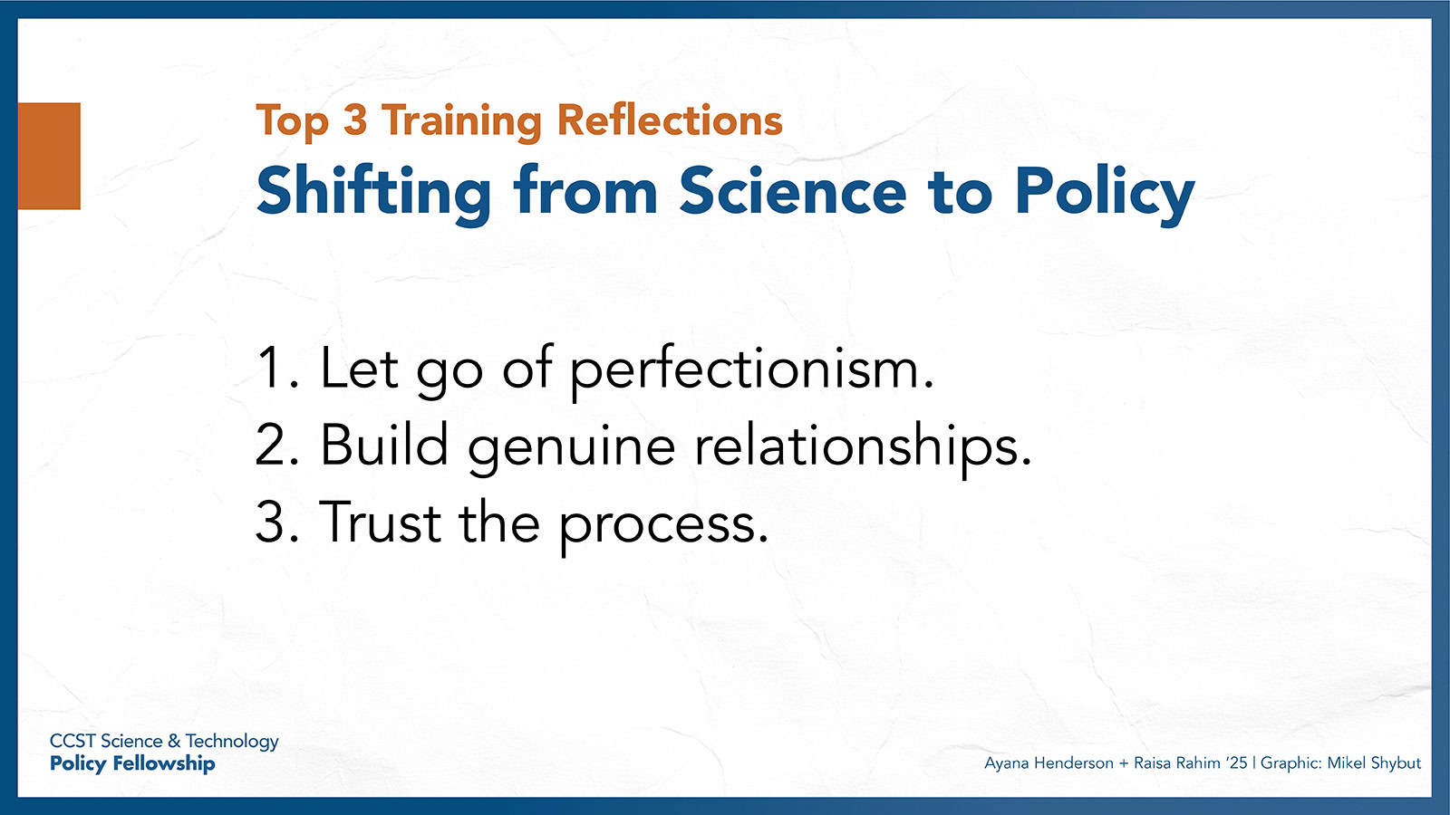 Text graphic with top three lessons from training.