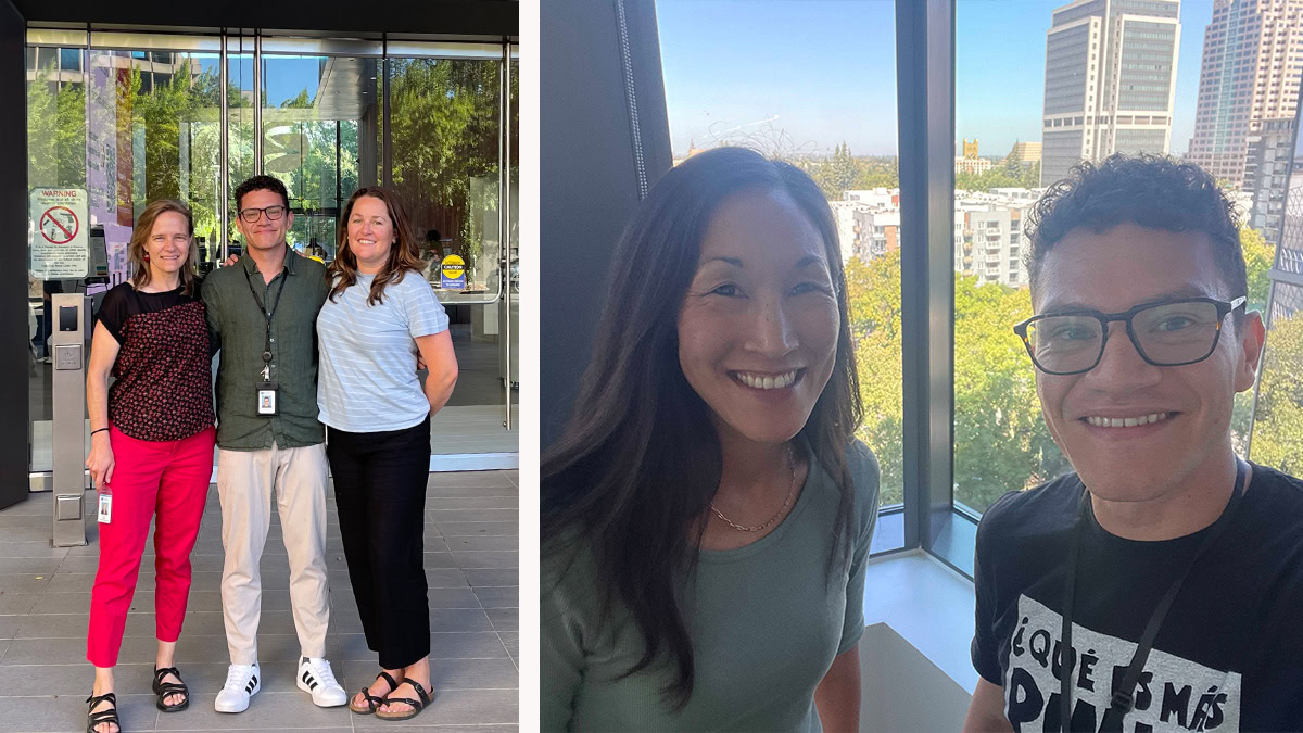 Two images. The photo on the left shows Fernando with his mentors Louise Conrad (DWR Executive Lead Scientist) and Pascale Goertler (DWR Environmental Program Manager) and the photo on the right shows Fernando with his mentor Lindsay Correa (DWR Executive Advisor for Climate Resilience & Science.)
