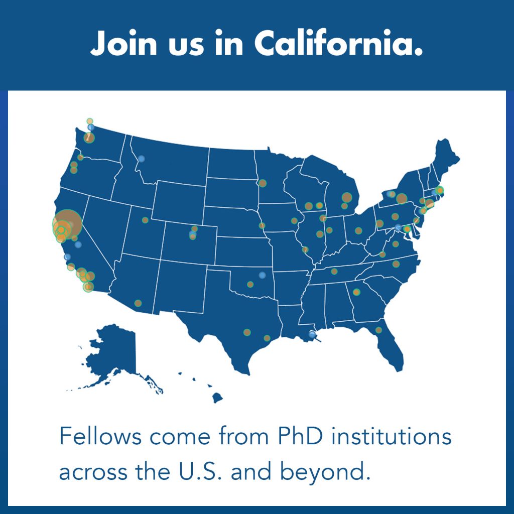 Square graphic with US map showing graduate degree institutions of Fellows