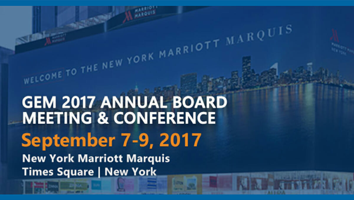 A screenshot of the GEM Consortium website with a graphic promoting the 2017 Annual Conference. The background photo depicts the New York Marriott Marquis hotel's exterior.