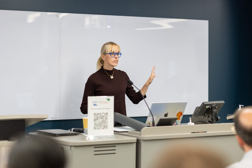 UC Davis School of Law Professor Sarah Polcz presenting in front of a white board.