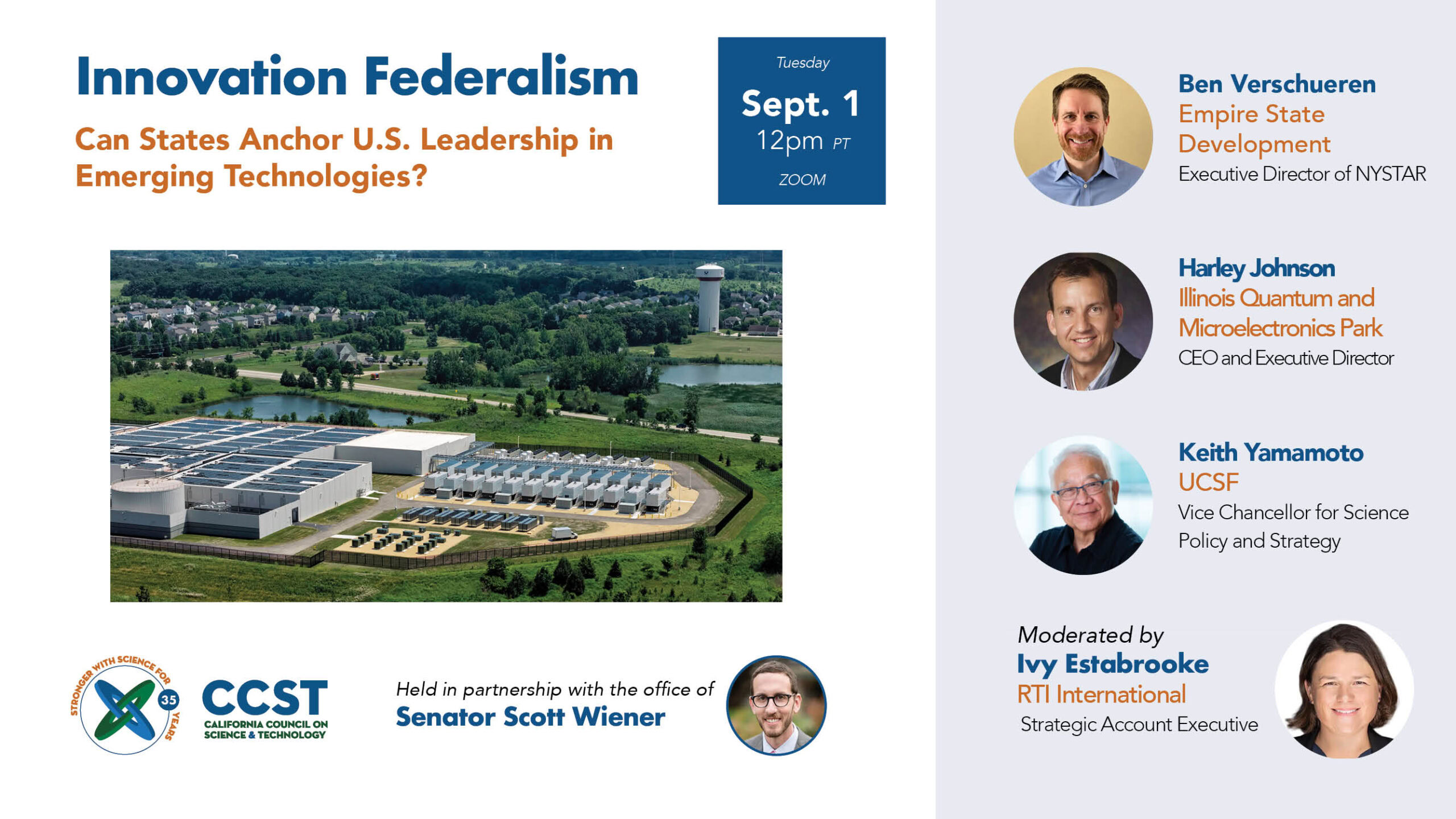 A graphic including title of the expert briefing, large image of a data center, the CCST logo, a headshot of Senator Wiener and headshots, names and titles of the moderator and panelists.