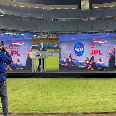 Governor Newsom State of the State at Dodgers Stadium with a JPL background.