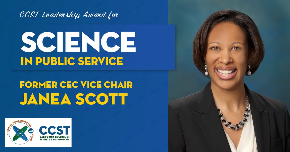 Picture of former CEC Vice Chair Janea Scott with Science in Public Service Award text