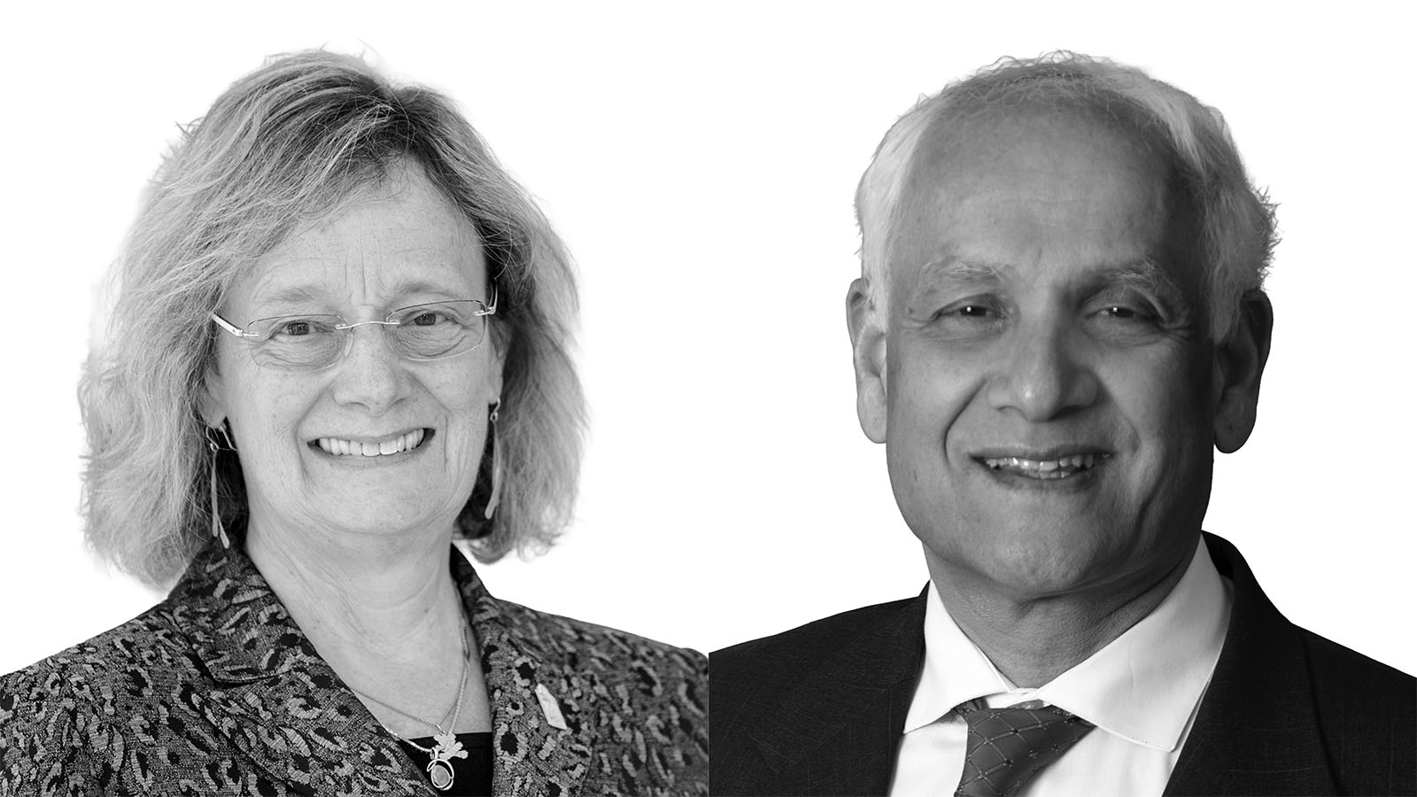 Side by side headshots of Lisa A. Rossbacher and Pramod Khargonekar in black and white on white background.