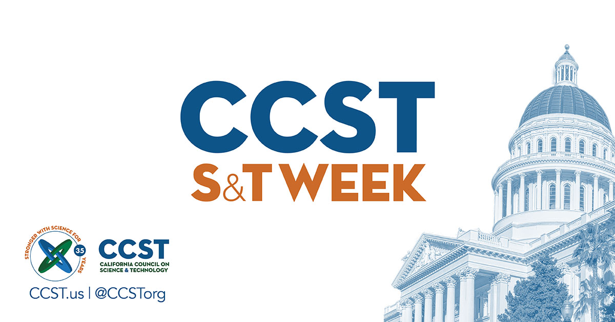 CCST S&T Week logo in blue and orange on a white background with the California State Capitol in blue and CCST's logo