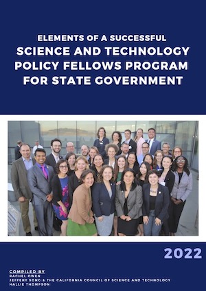 A report cover with a photo of a group of Fellows and a blue background with white text.