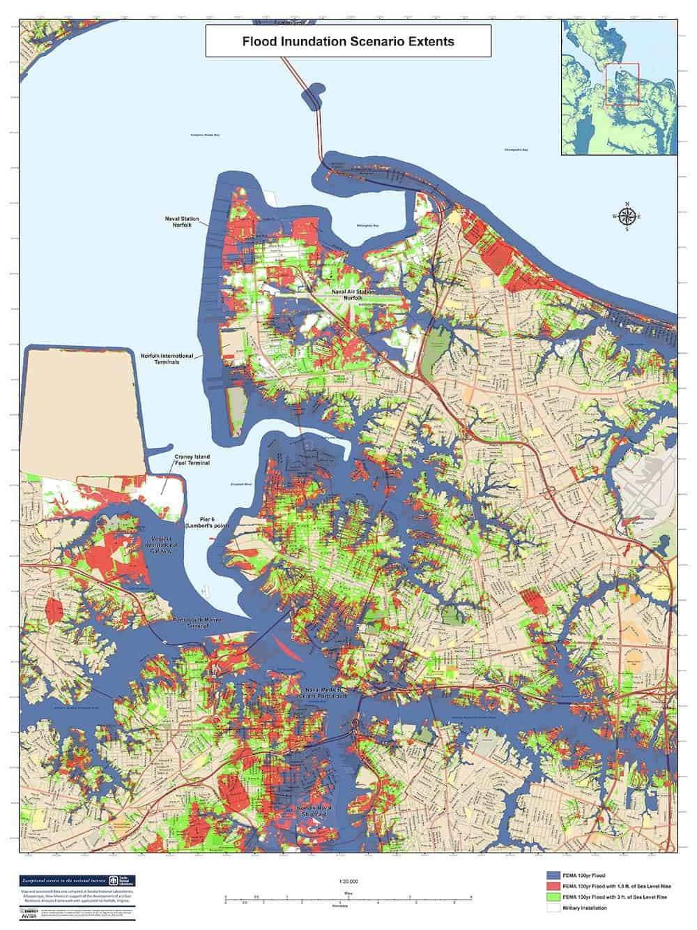  As part of its work in developing local urban resilience in Norfolk, VA, Sandia/California developed maps showing varying levels of potential flooding. (Credit: Sandia National Laboratories)