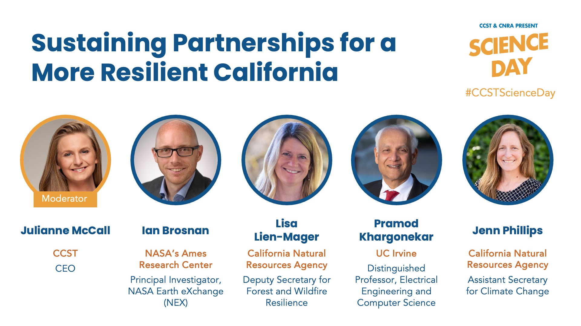 A slide with panelist headshots and titles
