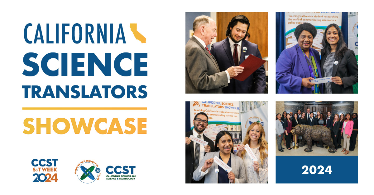 A flyer for the Translators Showcase featuring a white background, blue and gold text, a grid of images from the last showcase, and CCST's logo and S&T Week 2024 logo.