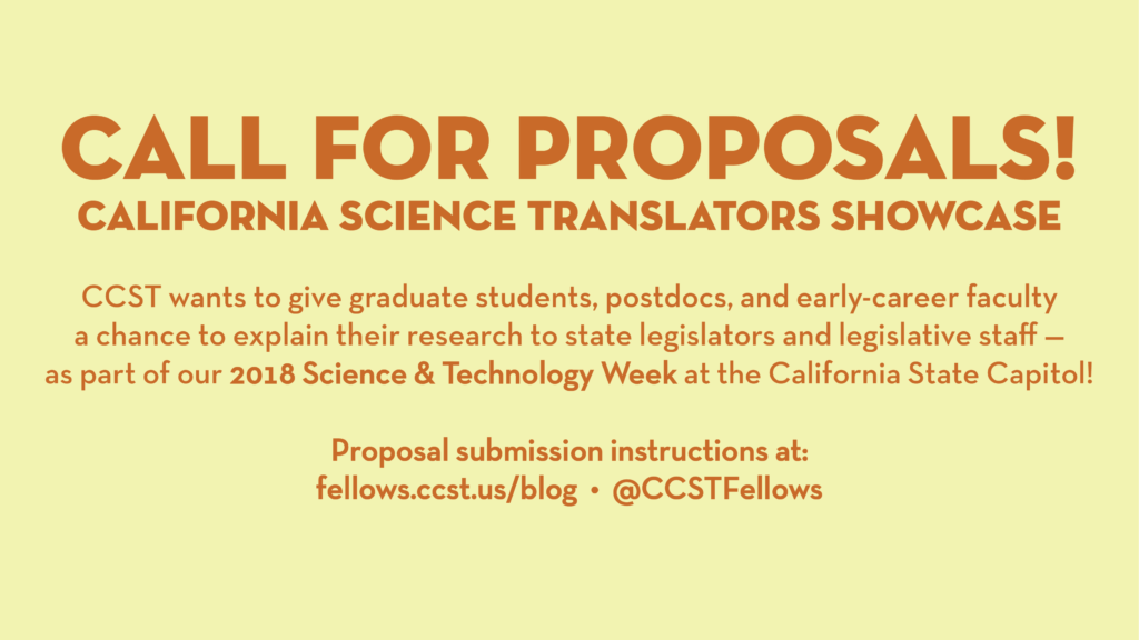A graphic banner announcing the California Science Translators Showcase. The text is orange, and the background is a pale yellow.