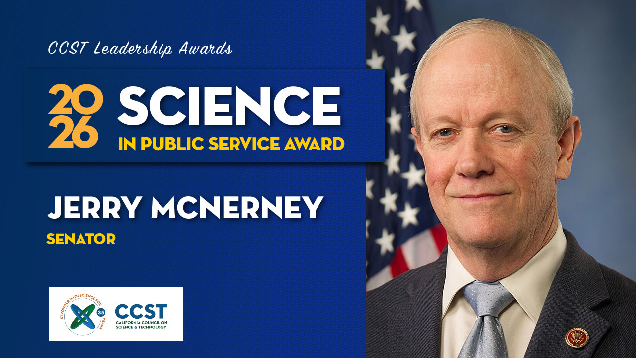 A graphic with a large photo of the award recipient on the right, and the award title, name, and job title of the recipient on the left with a blue background with CCST's logo in the bottom left.