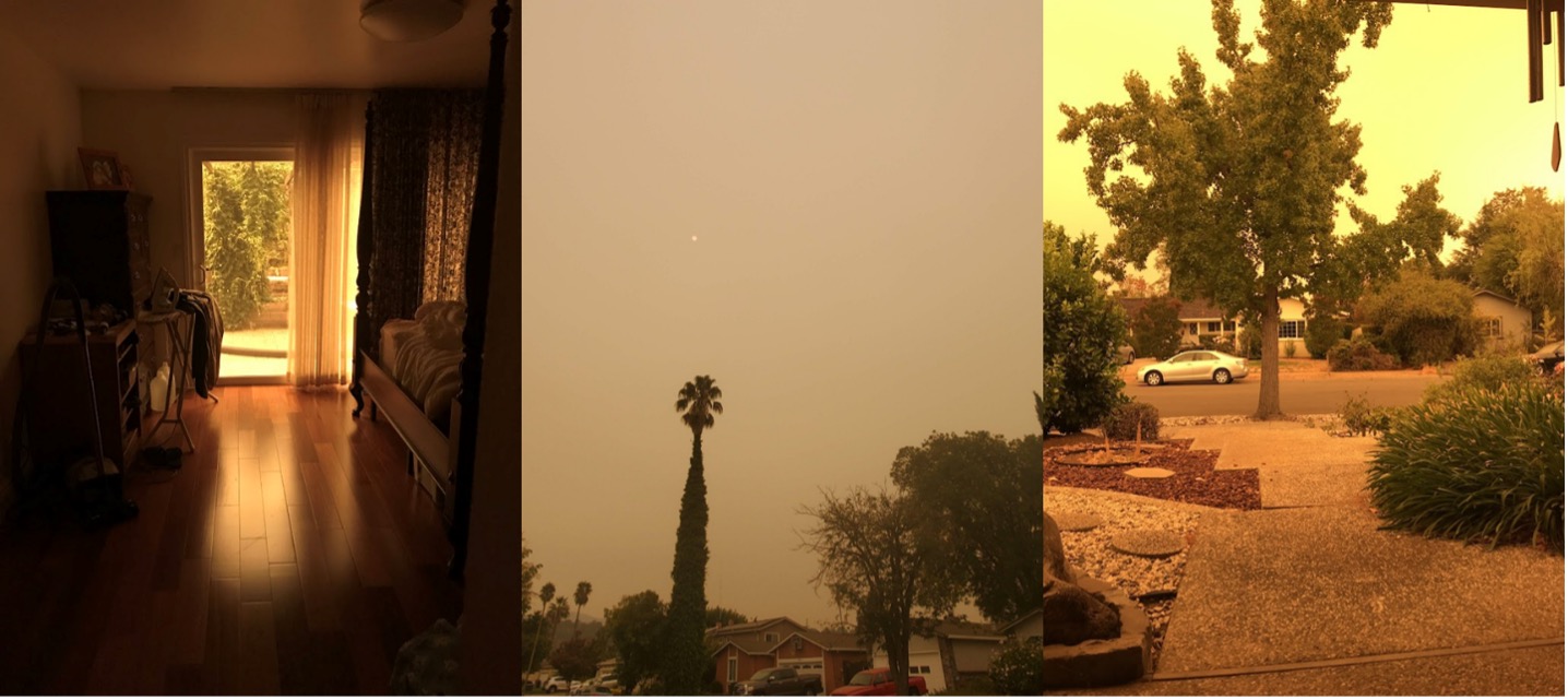 A collage of three photos side by side showing the effects of the haze of wildfire smoke.
