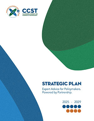 Strategic Plan 2025-2029 report cover with white background, large CCST atom green and blue in the corners, Strategic Plan title and 5 blue dots indicating years and 4 orange dots indicating goals.