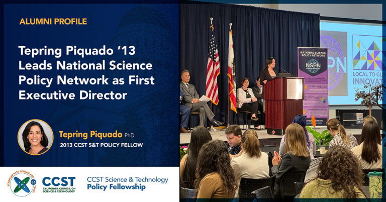 A graphic with blue, yellow, and white colors featuring CCST's logo, the blog title, and a photo of Dr. Tepring Piquado speaks at a podium with other notable leaders sitting behind her on stage in front of some NSPN branded materials, to an audience sitting at round tables.