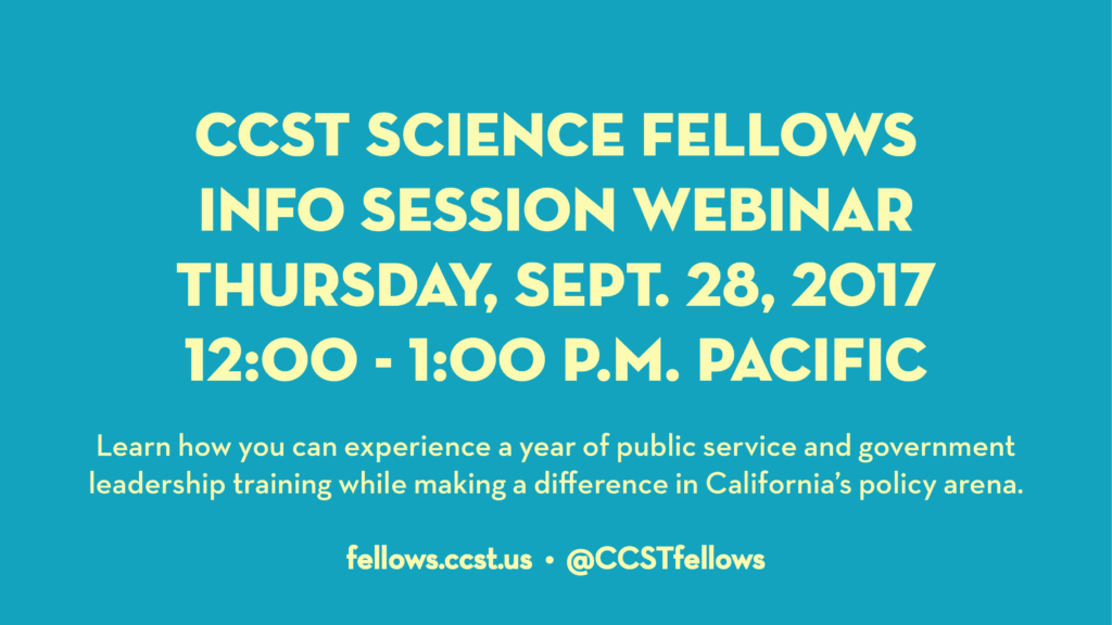 A digital graphic stating the time and date of the CCST Science Fellows info session. It is yellow text on aqua background.