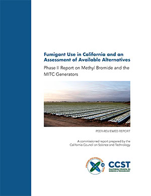 Report cover with an image of rows of farmland in California from Adobe Stock and CCST's logo